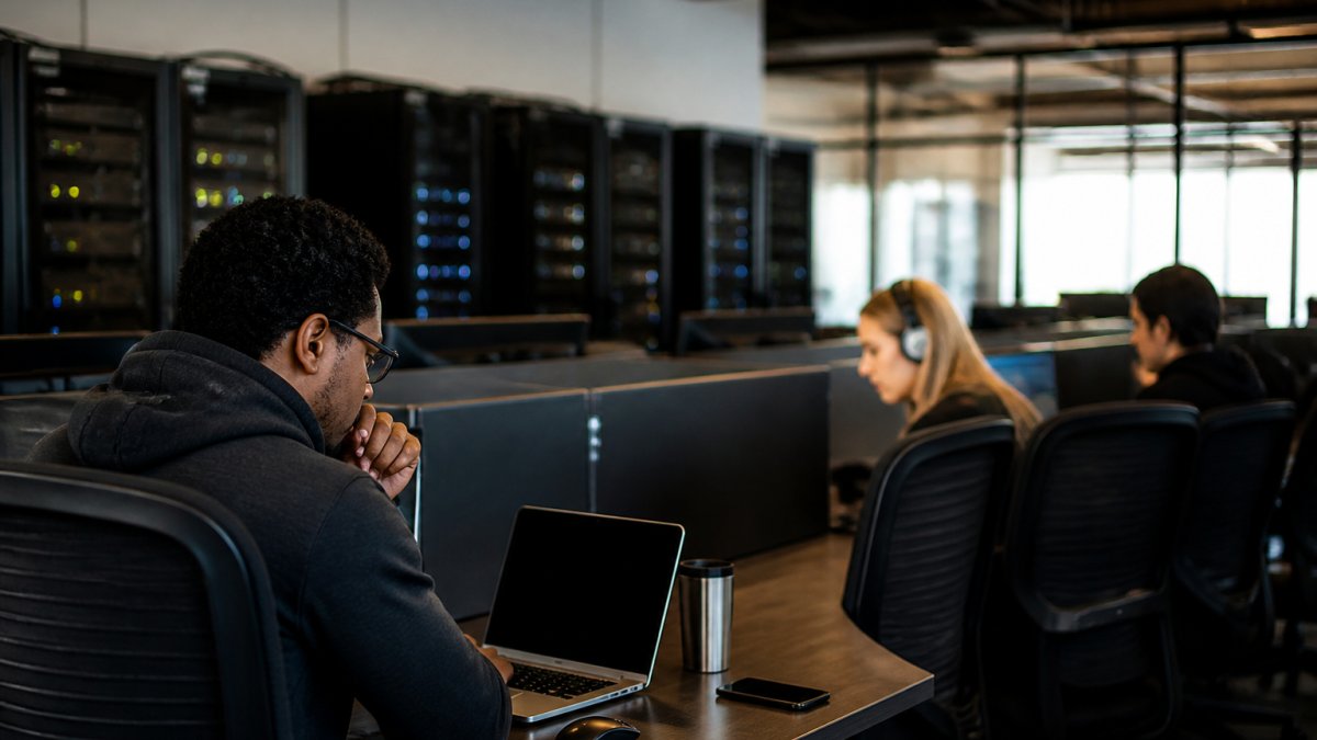 Security operations center with multiple monitors displaying real-time network alerts, threat dashboards, and security analysts monitoring data streams at workstations with blue and amber indicator lights