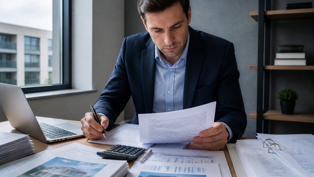 Professional reviewing multifamily pro forma reports for bridge financing multifamily underwriting at a desk.