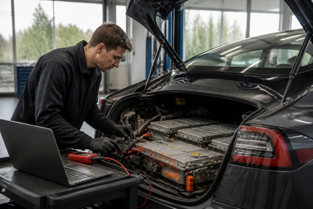 Professional illustration showing Professional, Tesla for risks of buying a used electric car