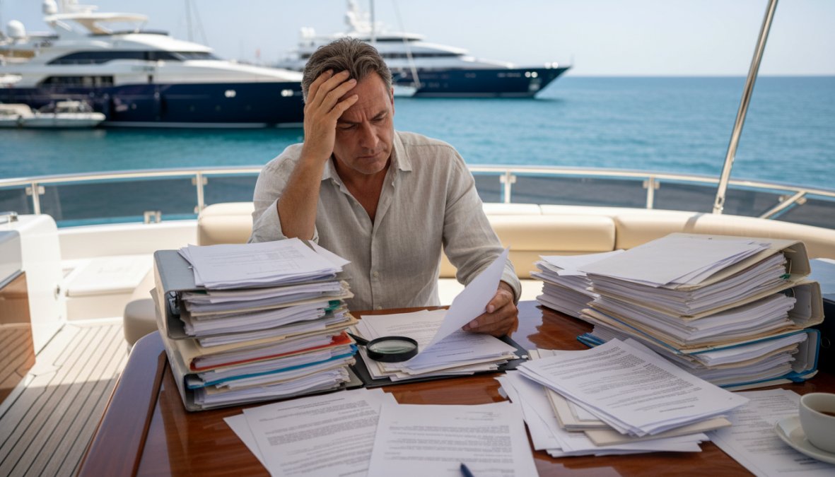 Professional illustration showing person and reviewing and complex concepts for risks of buying a yacht without a broker