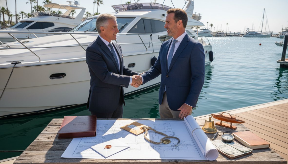 Process diagram showing steps for yacht and professional and broker concepts for risks of buying a yacht without a broker