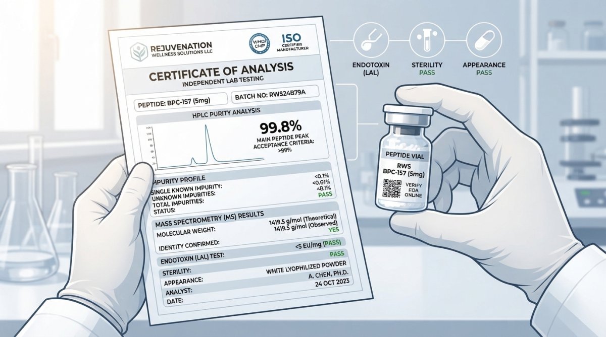 Close-up of hands holding a Certificate of Analysis document next to a peptide vial, showing laboratory testing results and purity verification details in a clinical laboratory setting with natural light