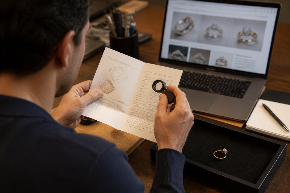 Step-by-step process for verifying online jewelry retailers by comparing certification documents against store data