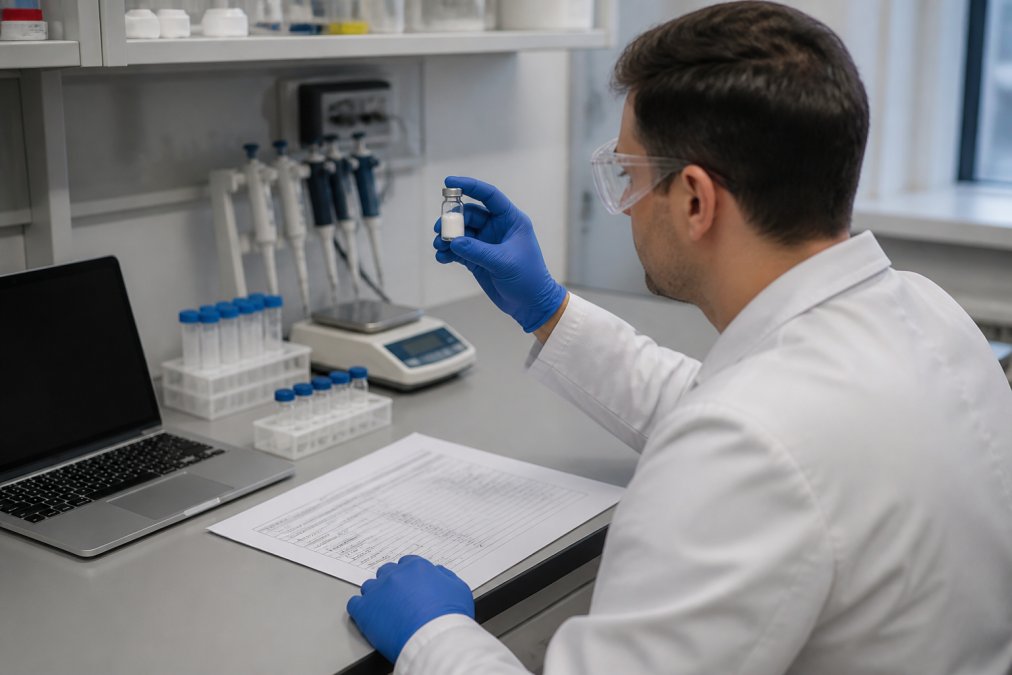 Researcher examining a vial of powder and a Certificate of Analysis to avoid grey market peptides in a laboratory.