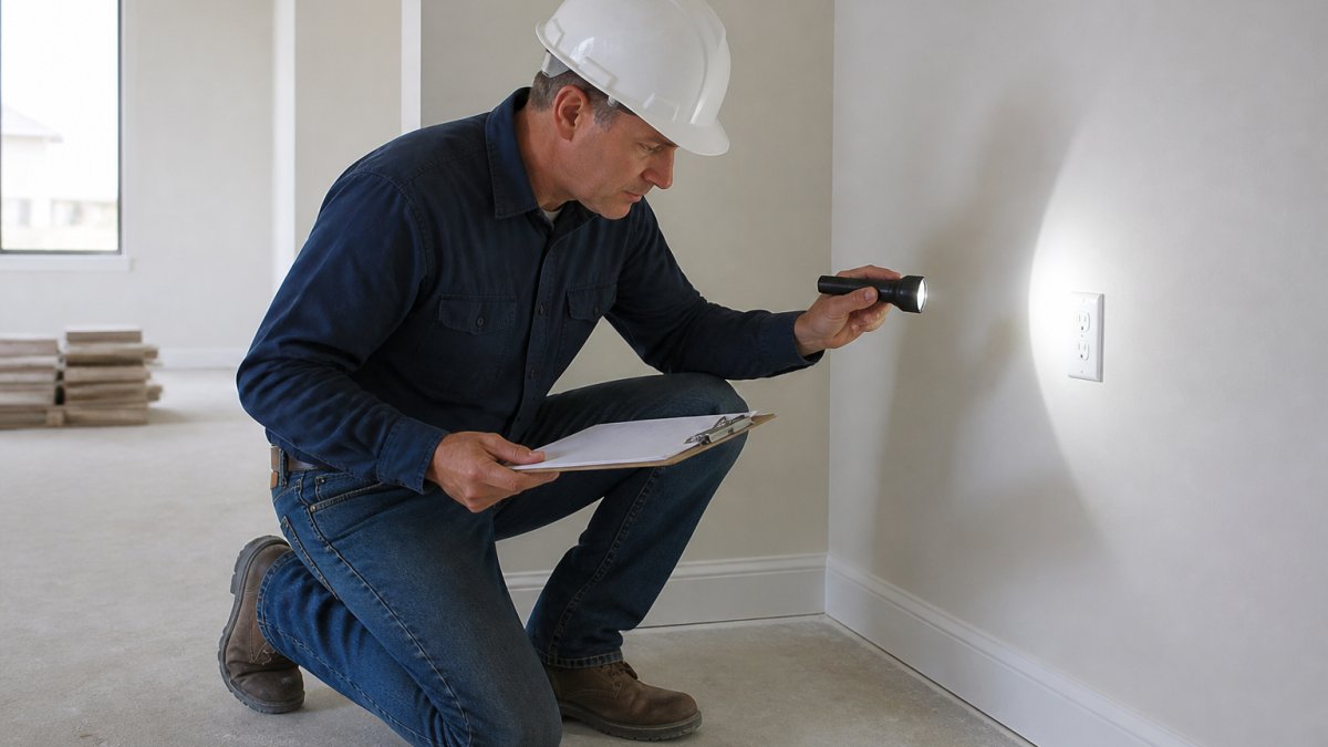 Professional home inspector examining interior walls and electrical outlets during new construction walkthrough, checking building code compliance with flashlight and clipboard