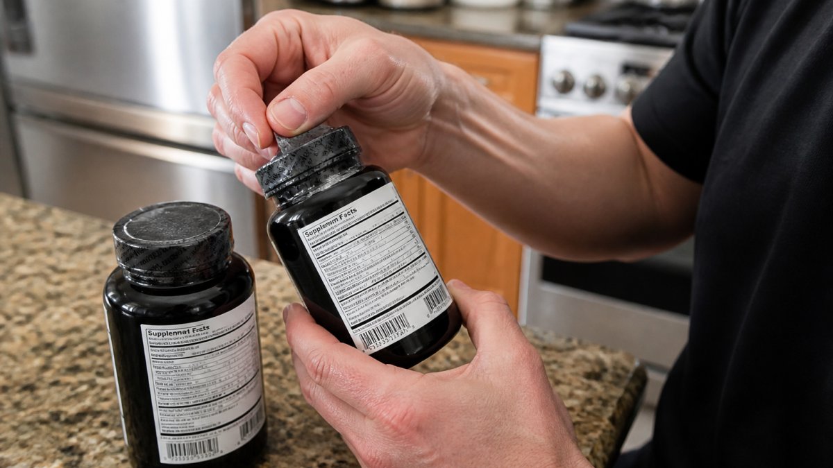 Close-up of a person's hands examining a supplement bottle, comparing the label and tamper-evident seal against a genuine product on a kitchen counter