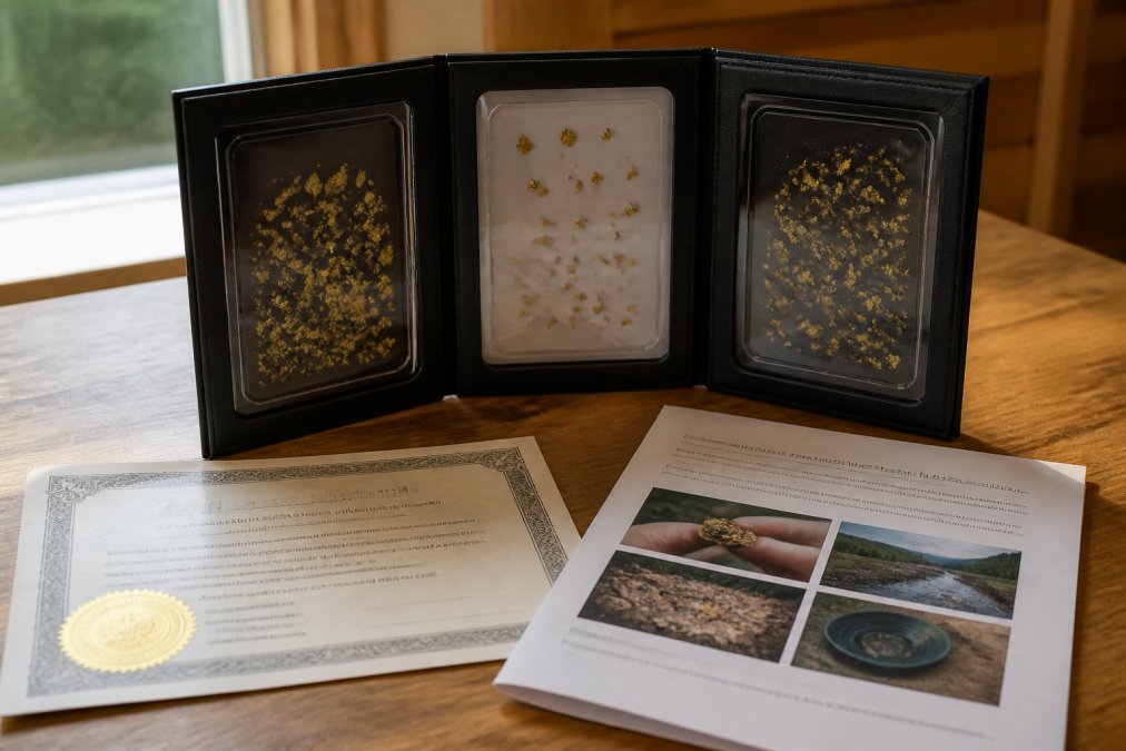 Display case featuring unrefined gold flakes alongside an official certificate and verification fact sheet