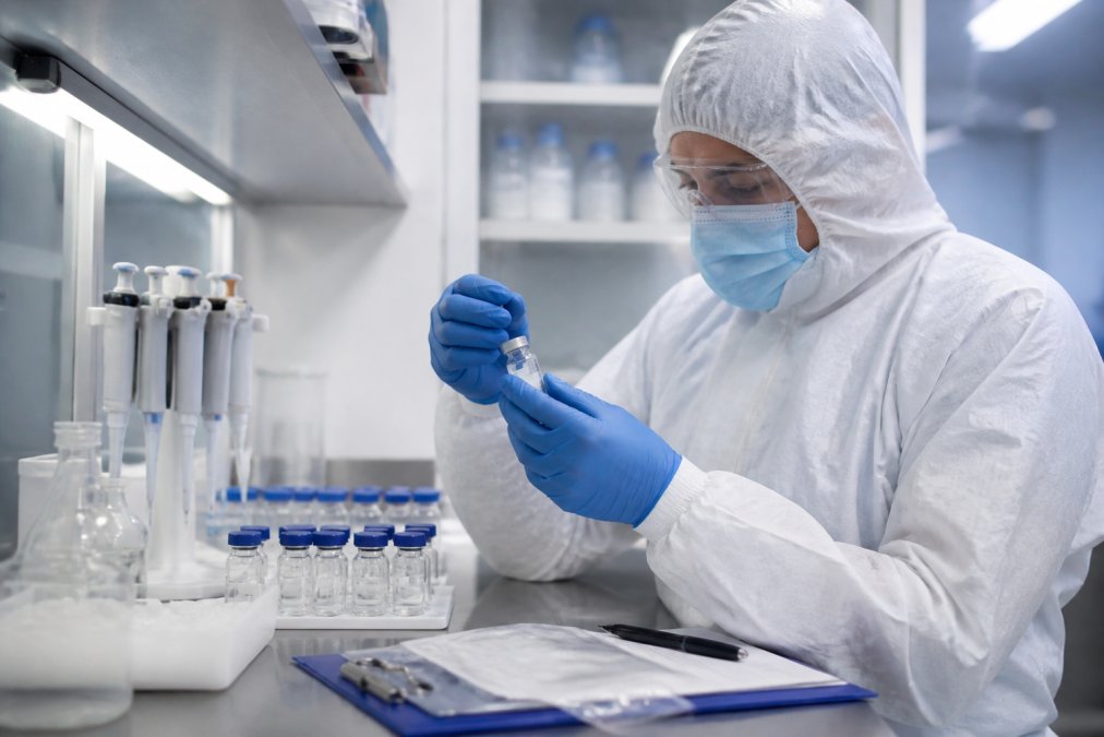 Laboratory technician in full protective equipment examining peptide samples in sterile conditions with testing equipment and documentation visible on workspace