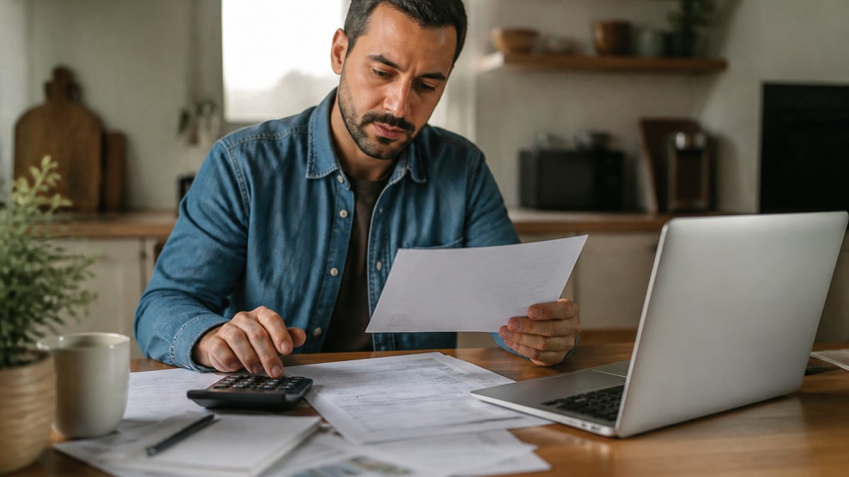 A person sitting at a kitchen table with a laptop, reviewing insurance documents and typing on a calculator, with a cup of coffee nearby, in a warm home setting
