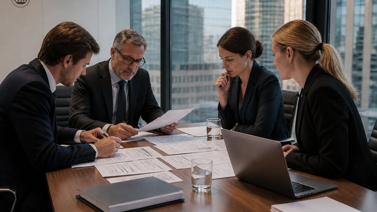 A team of financial professionals in a modern boardroom reviewing printed documents and a laptop screen, with a city skyline visible through the window