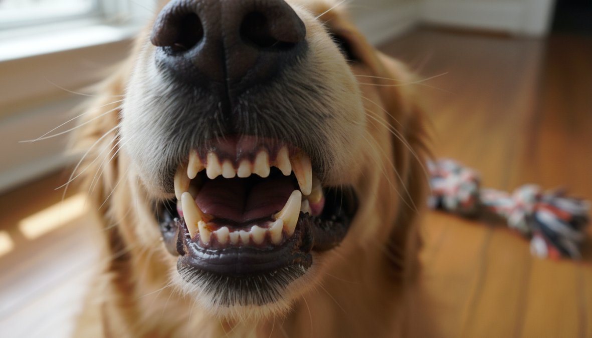 Close-up photograph of a veterinarian in blue scrubs gently lifting a dog's lip to examine its teeth and gums under bright clinical lighting, with the dog resting calmly on an examination table