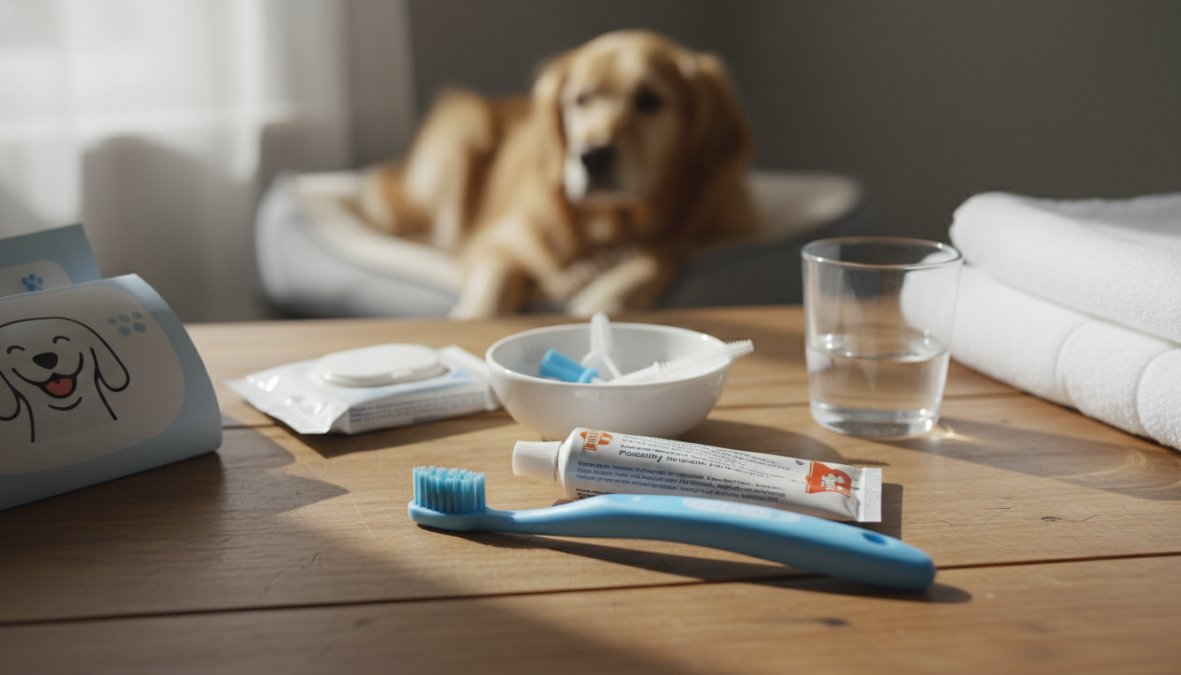 A dog owner kneeling on a bathroom floor beside a medium-sized dog, gently brushing the dog's teeth with a blue pet toothbrush while the dog sits calmly, warm bathroom lighting, both owner and dog relaxed and comfortable
