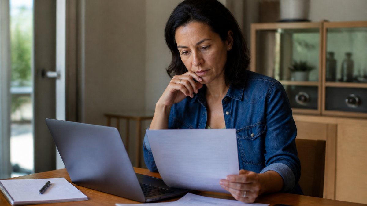 Person at home reviewing documents on a laptop with a notepad and phone nearby, looking concerned but focused on taking action