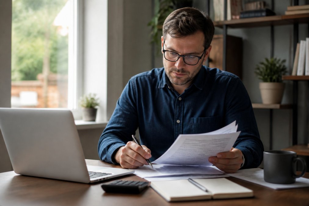Professional landlord reviewing property documents and contract terms at desk with laptop and pen, carefully examining contract pages under natural office lighting