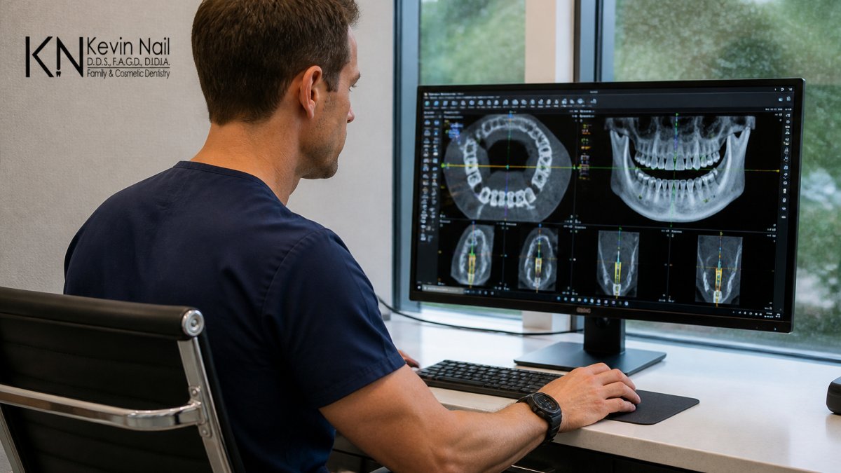 Dentist examining a 3D CBCT scan on a computer monitor in a modern dental office, with surgical planning software visible on screen showing implant placement angles and bone density