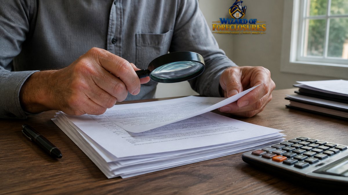 Homeowner's hands carefully reviewing loan documents at a wooden desk with a magnifying glass, pen, and calculator visible, showing detailed document review in natural daylight