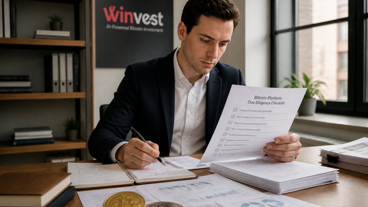 Professional at desk reviewing Bitcoin investment platform documentation and checklist, laptop and cryptocurrency research materials visible, natural office lighting