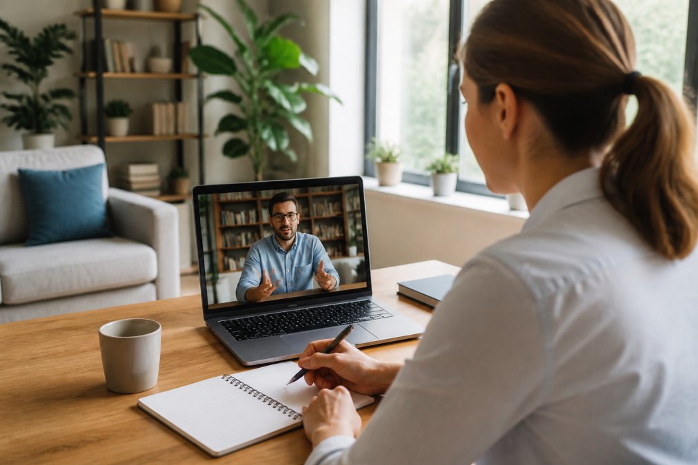 Professional conducting video interview on laptop with notepad and pen visible in modern home office with natural window lighting