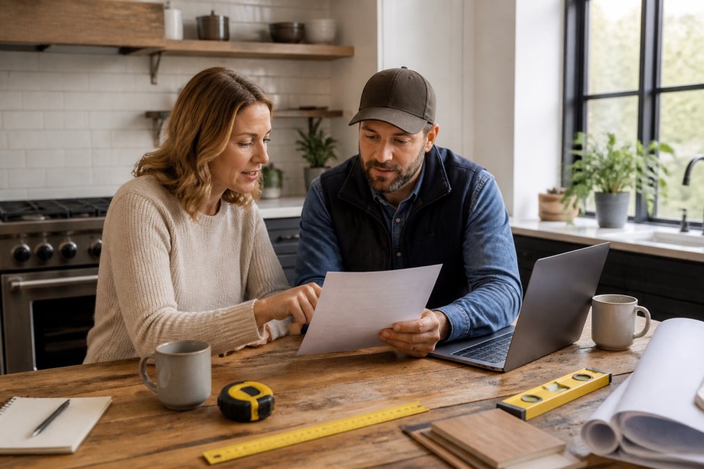 A homeowner and contractor reviewing a certificate of insurance document at a kitchen table, with a laptop and coffee mugs nearby, bright natural light coming through a window