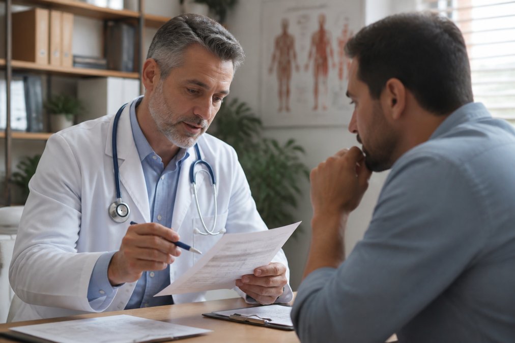A healthcare provider reviewing lab results and blood work documentation with a male patient during a consultation in a modern clinical setting with natural lighting