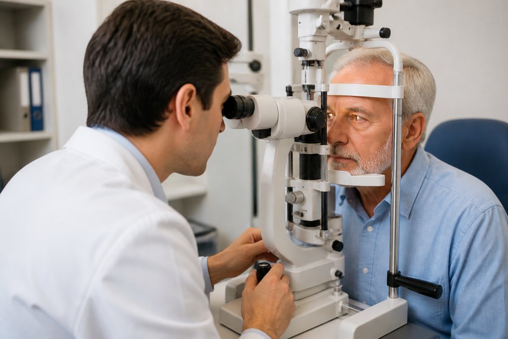 Older adult receiving a comprehensive eye exam from an ophthalmologist using advanced diagnostic equipment in a clinical setting