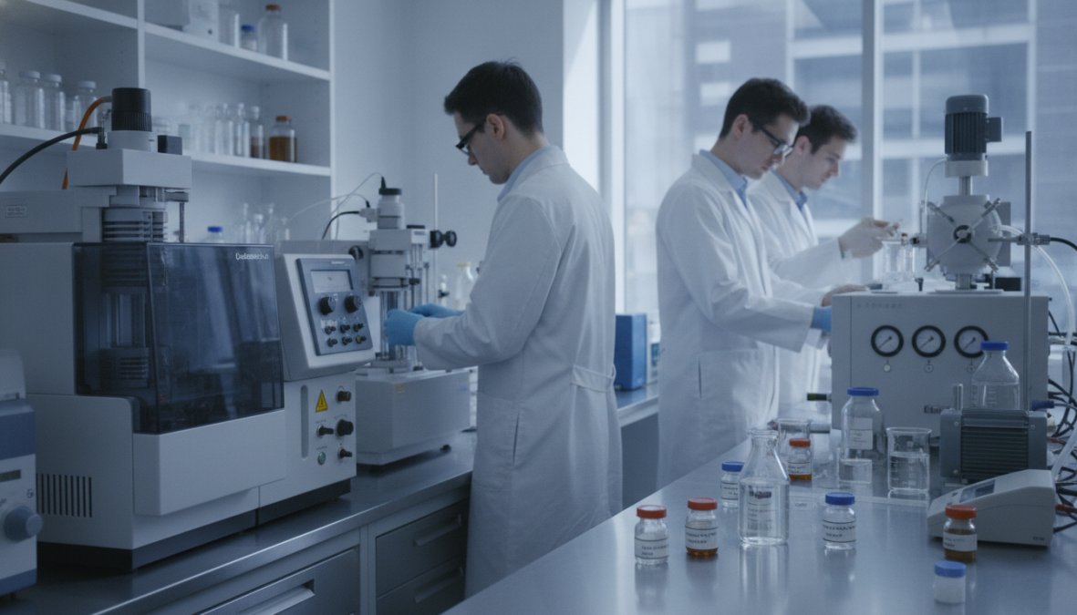 Laboratory technician performing analytical testing on chemical samples using precision NMR equipment in a modern research facility with controlled lighting