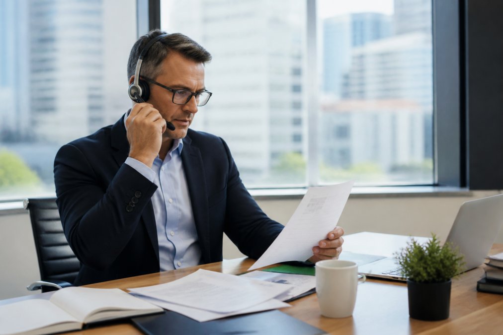 A financial advisor in business attire sitting at a modern desk, speaking on the phone with a headset while reviewing client documents on a computer monitor in a bright office
