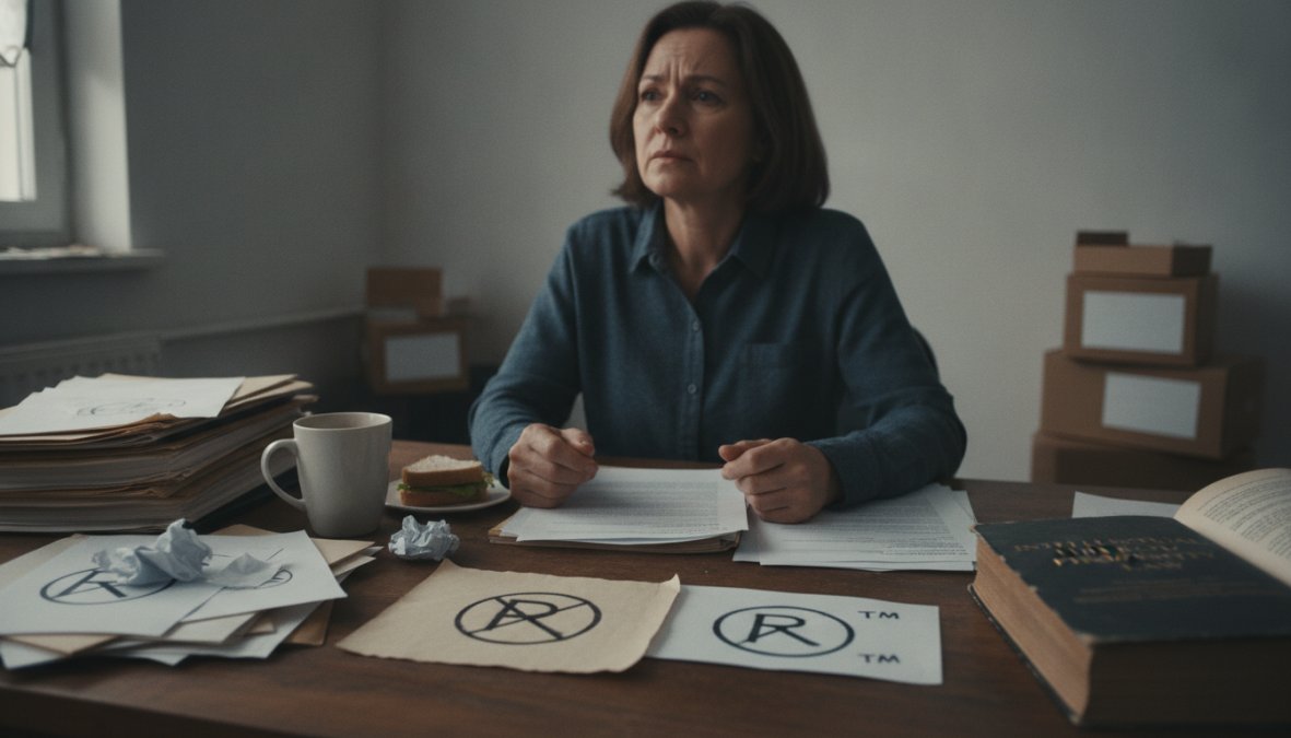 Business owner reviewing trademark infringement notices and cease and desist letters at desk with concerned expression, natural office lighting