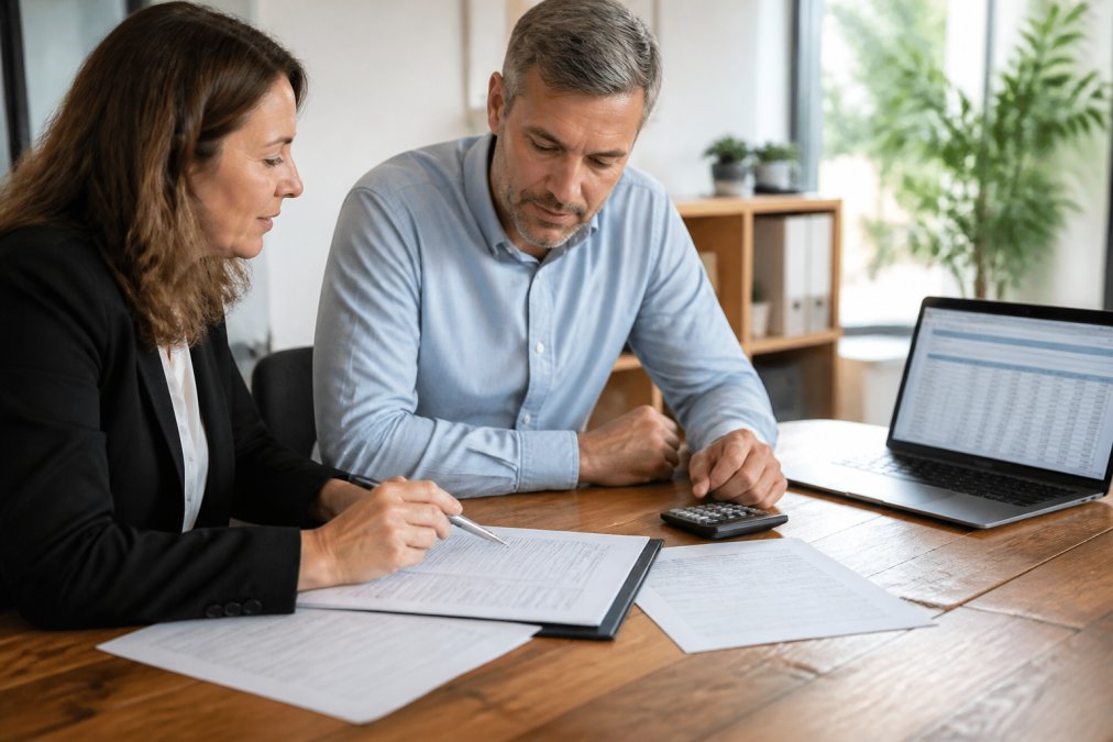 A small business owner and an insurance agent reviewing policy documents and a calculator at a wooden desk in a bright office, with a laptop open to a spreadsheet showing asset values