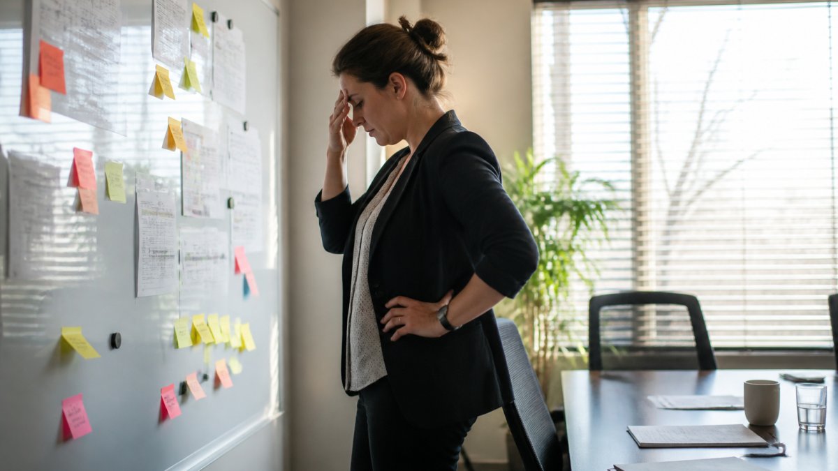 A business owner standing at a whiteboard covered in staffing plans and sticky notes, looking stressed in a small office conference room with afternoon light through the blinds