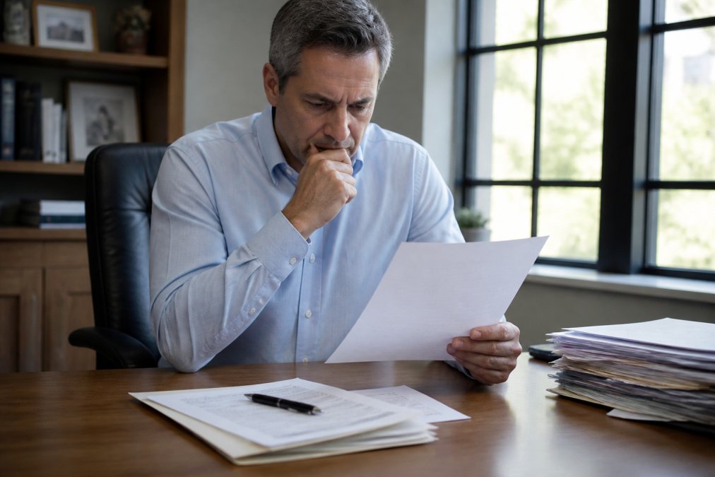 Business owner reviewing contract documents at a desk with a concerned expression, papers and pen visible, professional office setting with natural lighting