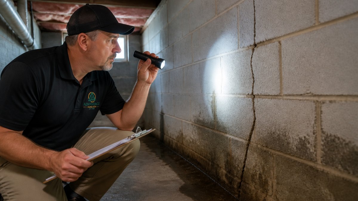 Professional home inspector examining foundation cracks and water damage in basement with flashlight and clipboard, checking walls for moisture