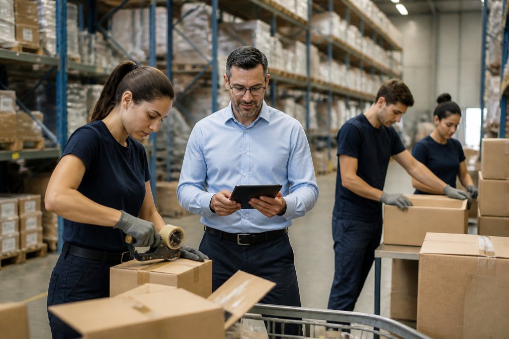 Operai qualificati in un magazzino moderno che collaborano alla preparazione ordini, con un responsabile logistico che verifica le attività su tablet