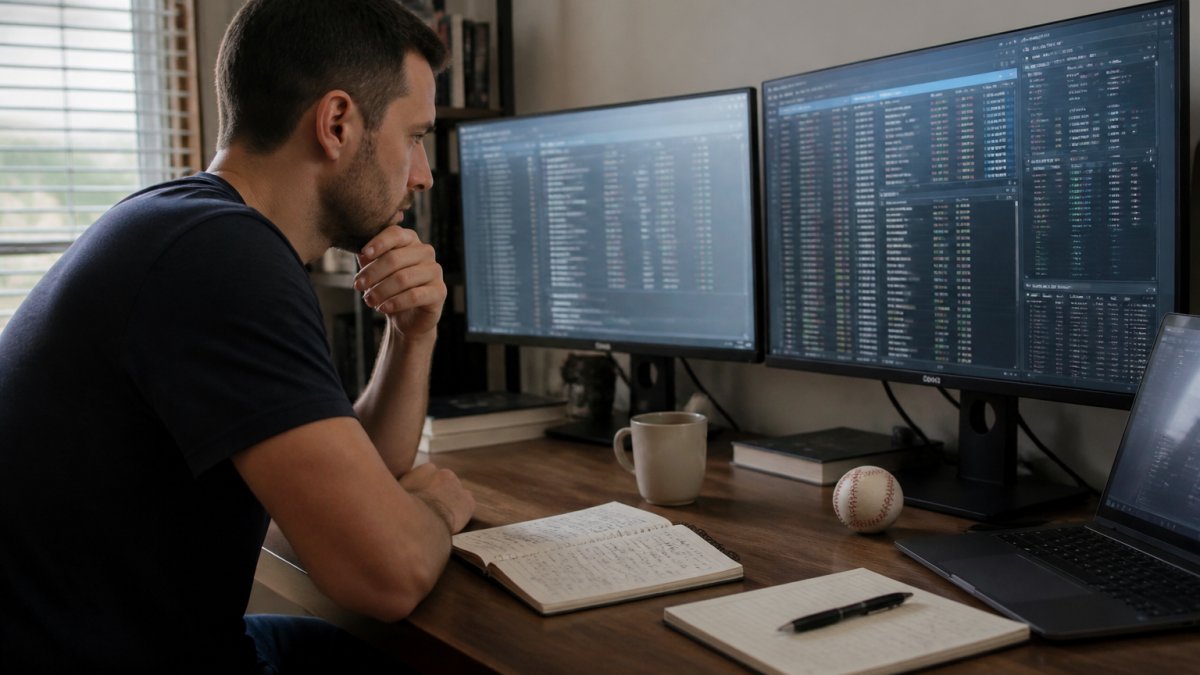 Professional bettor analyzing sports data on multiple screens, seeking the right rithmm alternative for serious bettors.