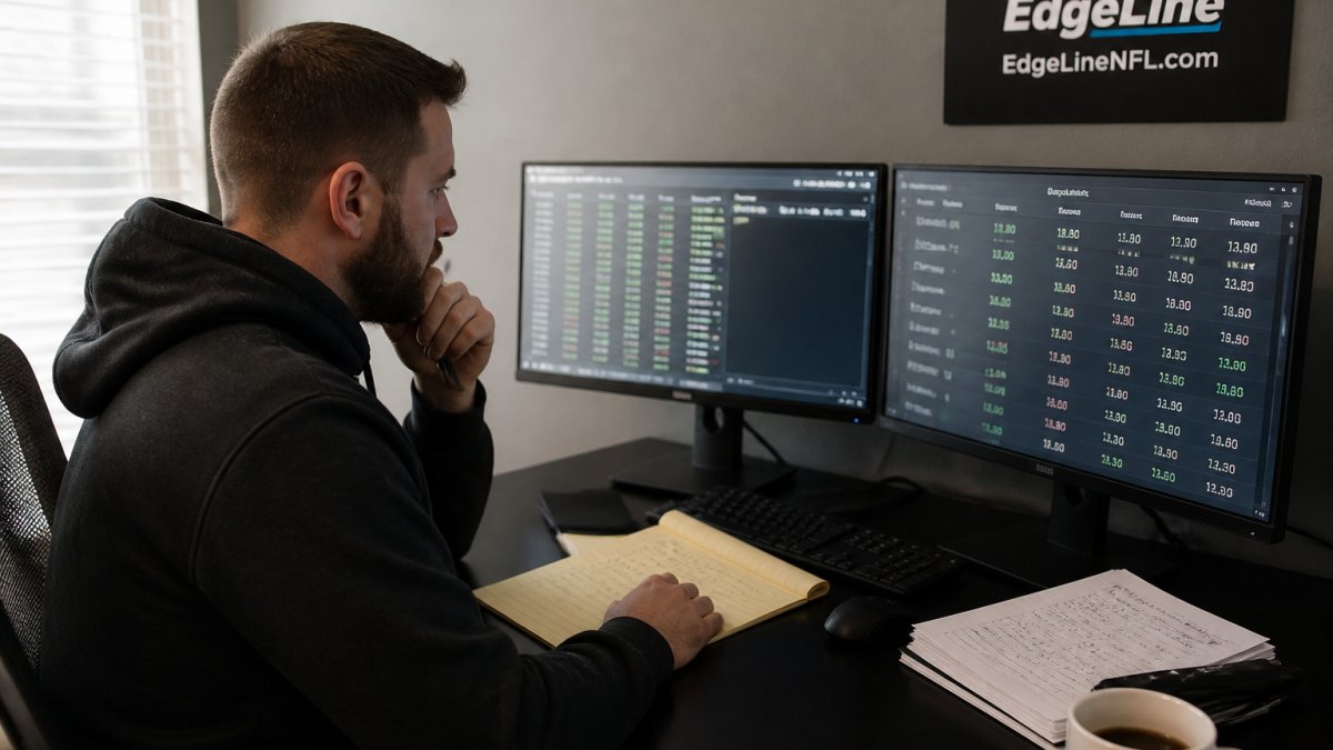 Professional bettor analyzing NFL data to compare Rithmm vs TheOver AI features on a dual-monitor setup