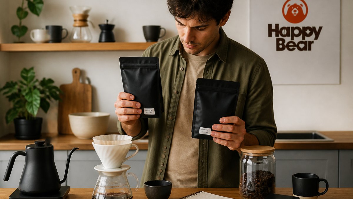 A person at a kitchen counter holding two bags of whole-bean coffee next to a pour-over setup, comparing roast dates printed on the bags