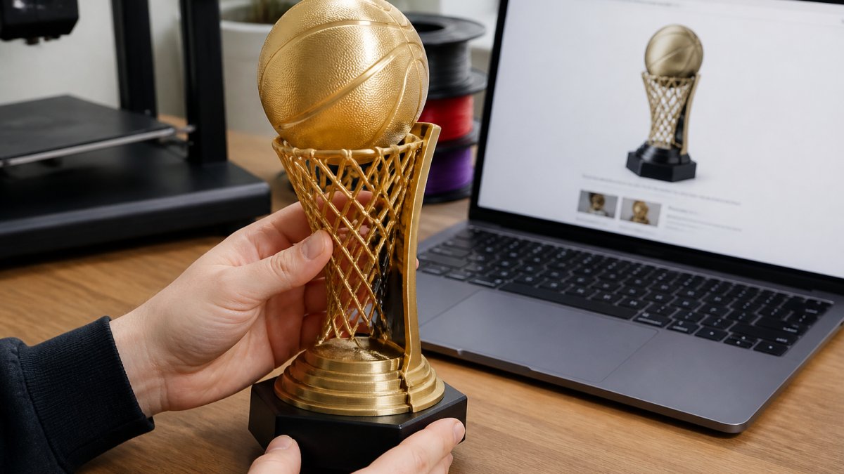 Close-up of hands holding a detailed 3D-printed sports trophy replica on a desk, with a laptop showing a product page in the background