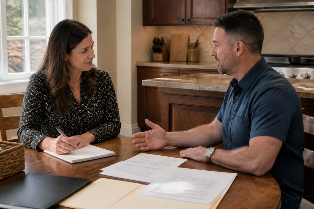 A homebuyer and a real estate agent sitting across from each other at a kitchen table, reviewing paperwork and taking notes during an interview conversation, warm afternoon light through the window