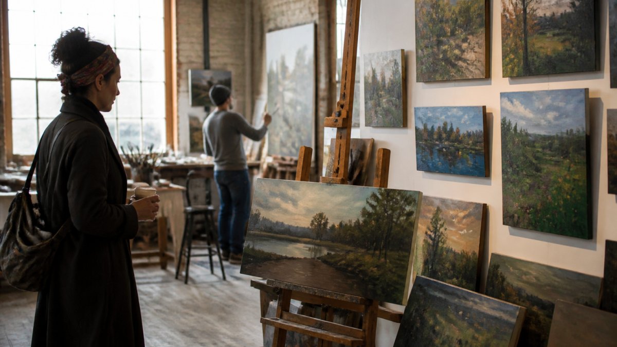 Visitor inside a working artist's studio examining original oil paintings and fine art pieces displayed on easels and gallery walls, with natural light streaming through large warehouse windows, artist visible in background working at an easel