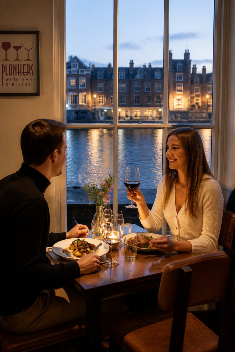 A couple enjoying a meal and drinks at a table by a large window overlooking a river in York, with warm lighting and historic buildings visible outside