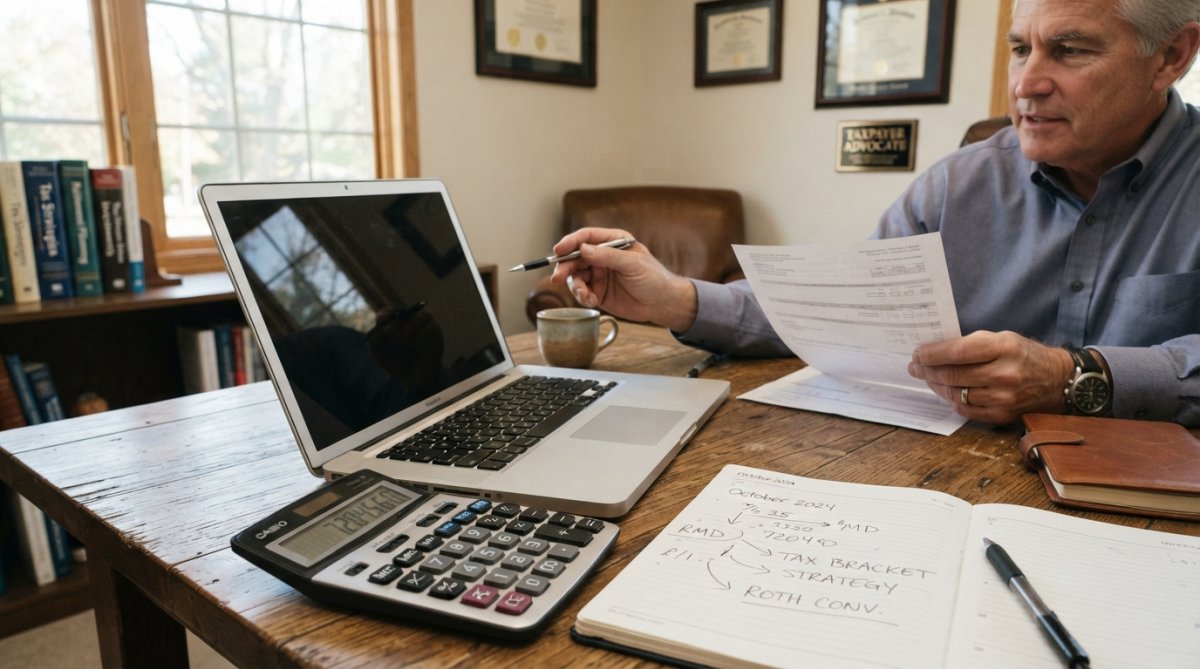 Financial advisor and client reviewing retirement account statements and tax documents together at a desk with a laptop and calculator, natural office lighting