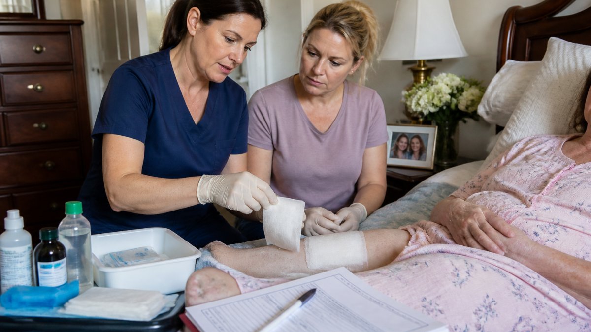 Registered nurse demonstrating proper wound dressing technique to a home caregiver in a patient's bedroom, showing hands-on instruction with sterile supplies and documentation