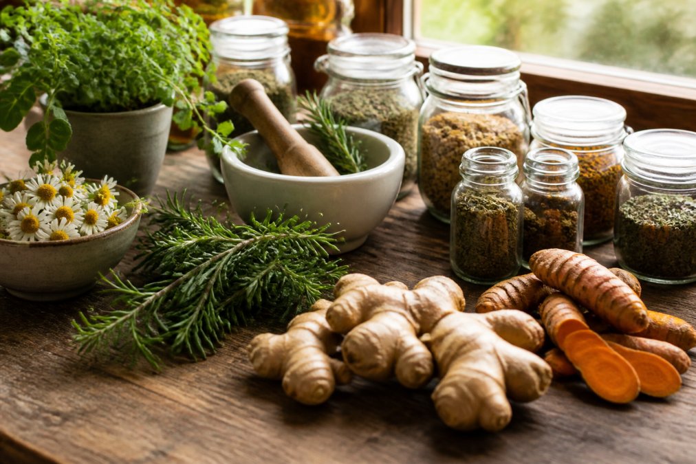 Close-up of a wooden kitchen counter with fresh culinary herbs, rosemary, ginger root, turmeric, and chamomile, arranged alongside small glass jars and a mortar and pestle, warm natural light from a nearby window