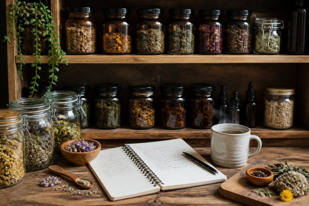 An organized home apothecary shelf with labeled amber glass jars of dried herbs, a small notebook with handwritten preparation notes, and a steaming mug of herbal infusion on a natural wood surface, soft warm lighting