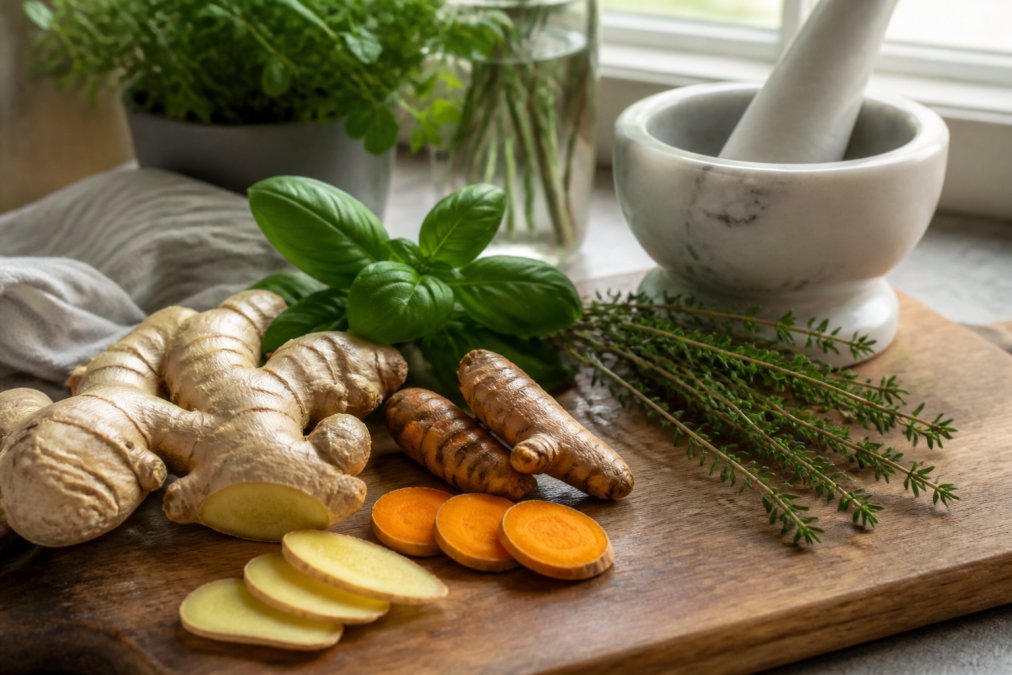 Close-up of fresh culinary herbs including ginger root, turmeric, basil, and thyme arranged on a wooden cutting board with a mortar and pestle nearby, natural kitchen lighting