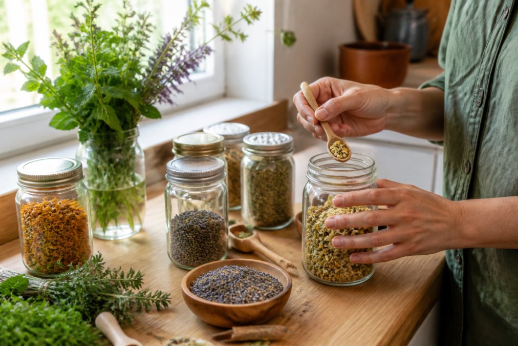 Bright kitchen counter with glass jars of dried herbs, fresh herbs in a small vase, and hands organizing dried botanicals into labeled containers with handwritten herb names