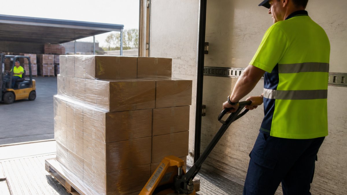 Professional logistics worker loading cardboard boxes and wooden pallets onto a truck bed in a warehouse, with the truck's open doors visible and bright daylight streaming in from the loading dock