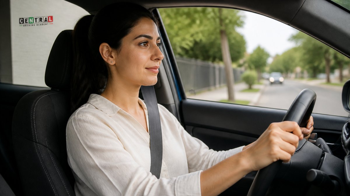 Confident adult driver sitting in a car practicing road test preparation for adults with calm focus