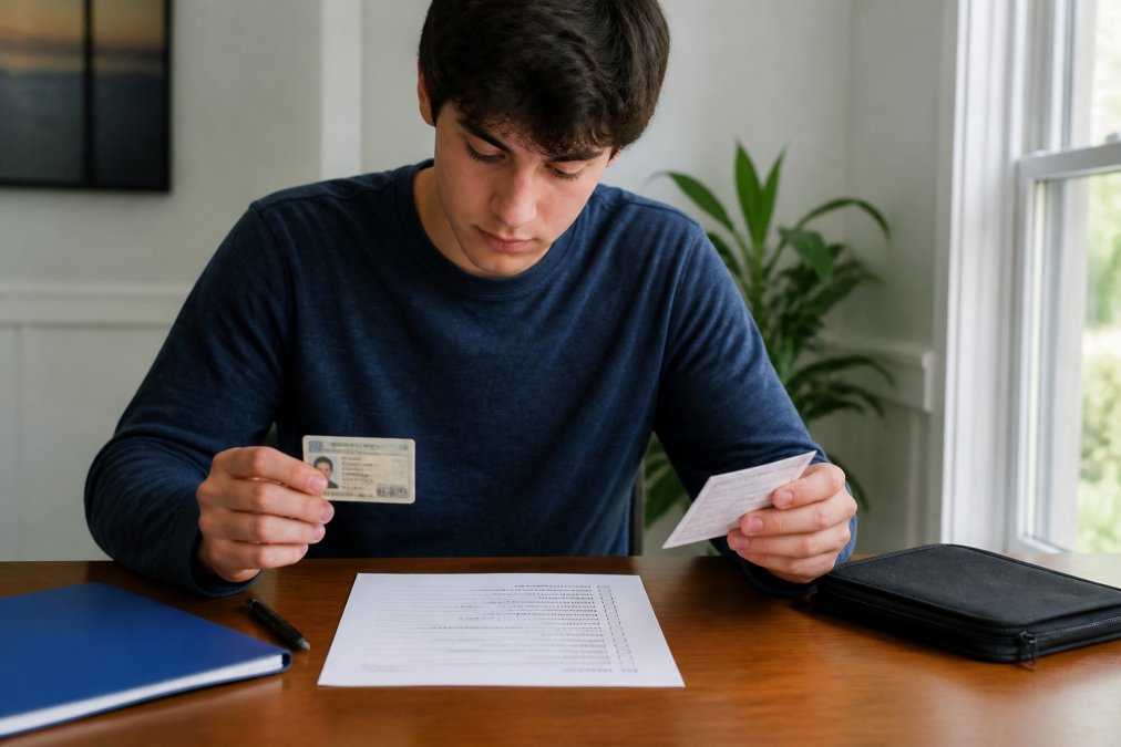 Young driver holding state permit and insurance card while reviewing a printed checklist on a table, preparing documents for road test day
