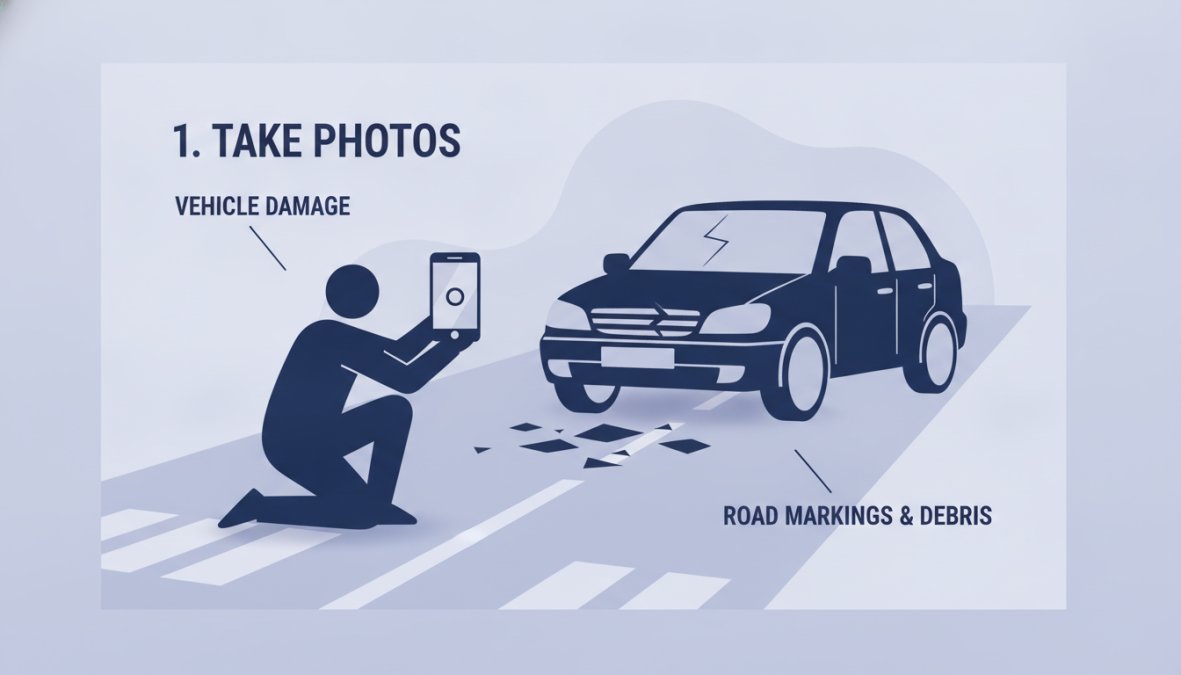Person taking photographs of vehicle damage at accident scene with smartphone, showing road markings and debris